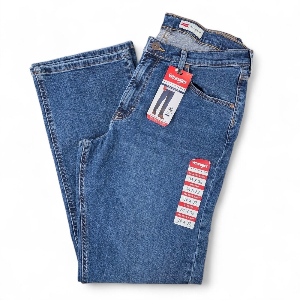 Wrangler Five Star Premium Relaxed Boot Jeans 34x32 Medium Wash Stretch Denim